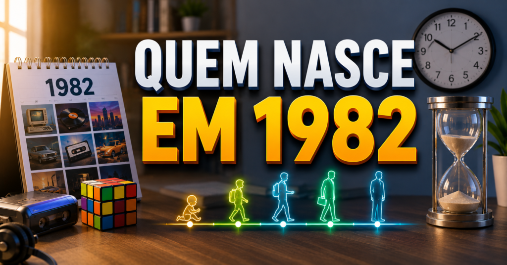 Quem nasce em 1982 tem quantos anos? Ilustração com calendário de 1982, relógio, ampulheta e linha do tempo representando a passagem dos anos e o cálculo da idade.