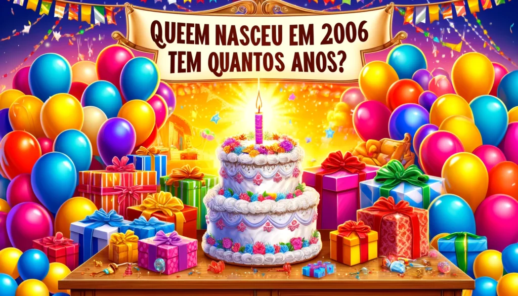 Cena de aniversário com bolo e balões: Esta imagem mostra um bolo de aniversário com uma vela, presentes coloridos e balões, juntamente com a pergunta "QUEM NASCEU EM 2006 TEM QUANTOS ANOS?".