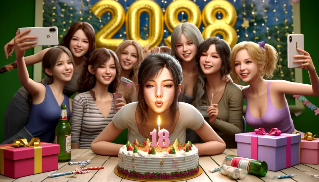 Imagem de uma festa de aniversário com o tema do ano 2008, apresentando uma jovem de 16 anos assoprando a vela de um bolo de aniversário. O cenário inclui outras pessoas celebrando e tirando selfies. 