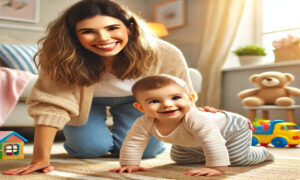 Com Quantos Meses o Bebê Começa a Engatinhar? Mãe sorridente encoraja seu bebê de 10 meses a engatinhar em uma sala aconchegante e bem iluminada com brinquedos ao redor.