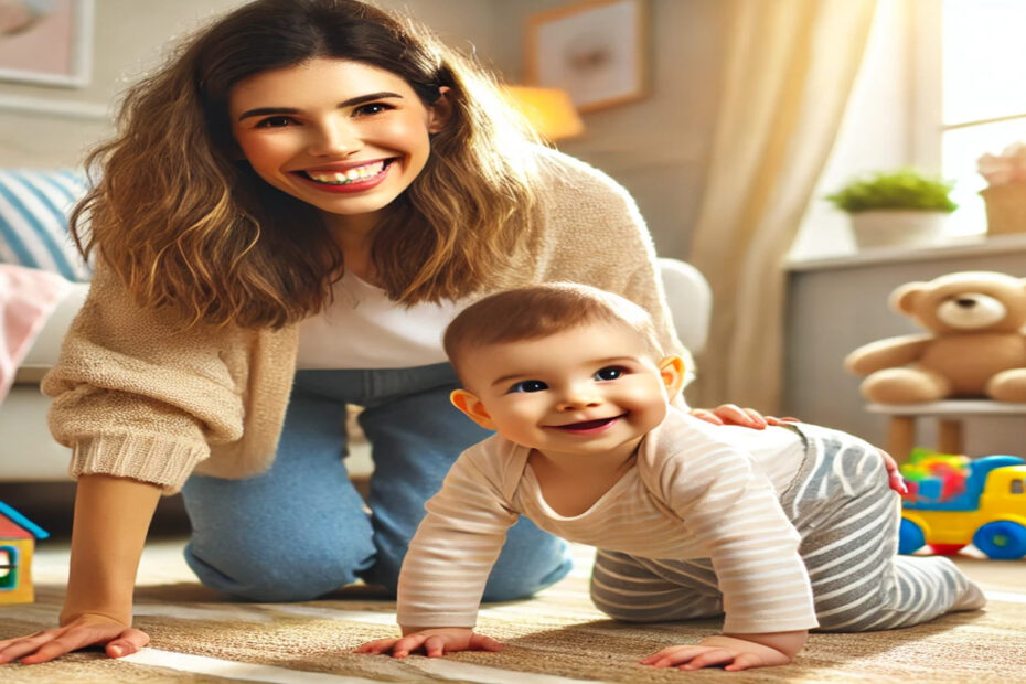 Com Quantos Meses o Bebê Começa a Engatinhar? Mãe sorridente encoraja seu bebê de 10 meses a engatinhar em uma sala aconchegante e bem iluminada com brinquedos ao redor.