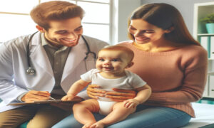 Mãe sorridente com bebê de 6 meses sentado e médica pediatra explicando algo em um consultório médico alegre. Imagem sobre: Com Quantos Meses o Bebê Começa a Sentar