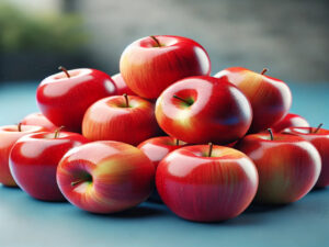 Quantas calorias tem uma maçã? Imagem de várias maçãs vermelhas frescas sobre um fundo azul desfocado, destacando as cores vibrantes e a textura detalhada das frutas.
