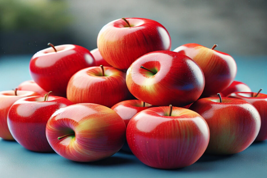Quantas calorias tem uma maçã? Imagem de várias maçãs vermelhas frescas sobre um fundo azul desfocado, destacando as cores vibrantes e a textura detalhada das frutas.