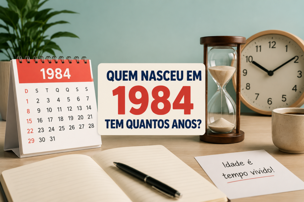 Quem nasceu em 1984 tem quantos anos? Imagem com calendário de 1984, relógio, ampulheta e caderno representando a passagem do tempo e o cálculo da idade.