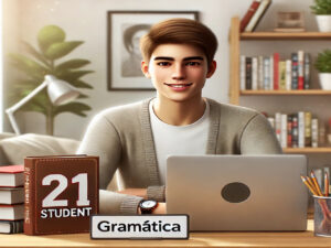 Profissão estudante? Sim, profissão estudante. Estudante de 21 anos sentado à mesa com um laptop, livros e cadernos, sorrindo e estudando. Um dos livros tem a palavra "gramática" escrita na capa. O ambiente inclui uma estante de livros, plantas e uma janela com luz do sol.