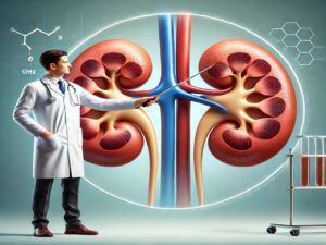Qual o tamanho normal de um cisto no rim? Ilustração realista dos rins humanos com um médico de jaleco branco apontando para eles, em um ambiente de consultório médico.