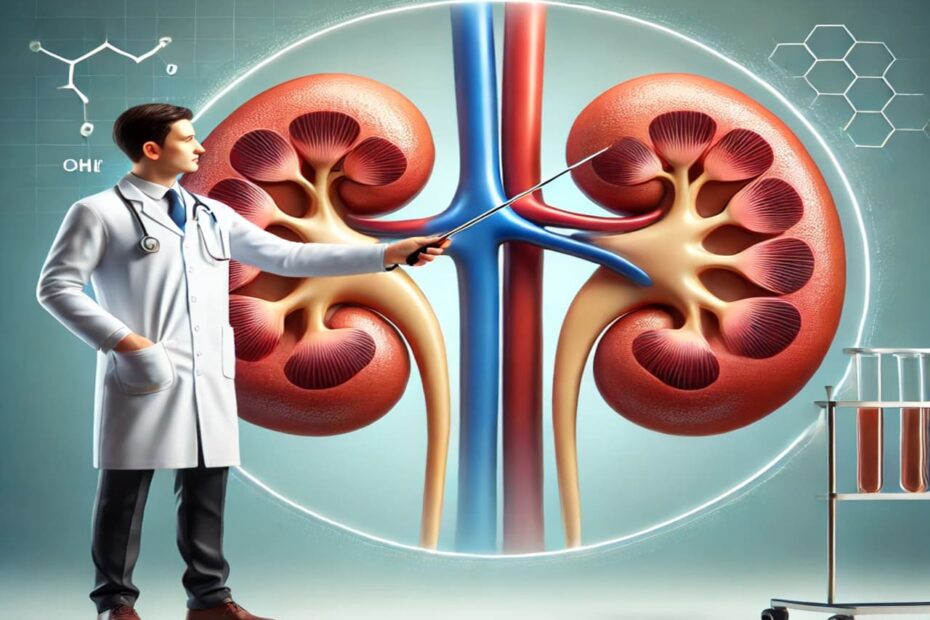 Qual o tamanho normal de um cisto no rim? Ilustração realista dos rins humanos com um médico de jaleco branco apontando para eles, em um ambiente de consultório médico.