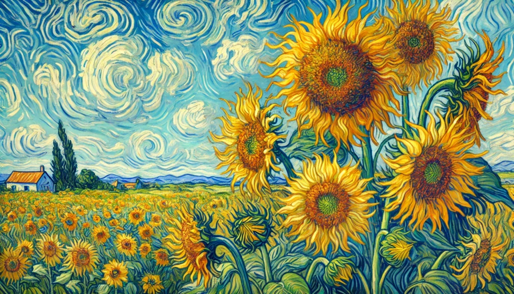 1. Imagem: qual era a planta frequentemente pintada por Van Gogh? Girassóis no estilo de Van Gogh

Descrição: Um campo de girassóis dourados em plena floração, capturado com detalhes intrincados e vibrantes. A imagem foi criada com inspiração no estilo artístico de Vincent van Gogh, destacando suas características visuais, como cores intensas e pinceladas expressivas. Esta obra foi gerada por IA com base na descrição solicitada.

Legenda: "Girassóis no estilo de Van Gogh, imagem gerada por IA para meu arquivo pessoal a partir de uma descrição detalhada."

Detalhes da imagem:
file-M00KSavGe3hzwsfku9EEaPac