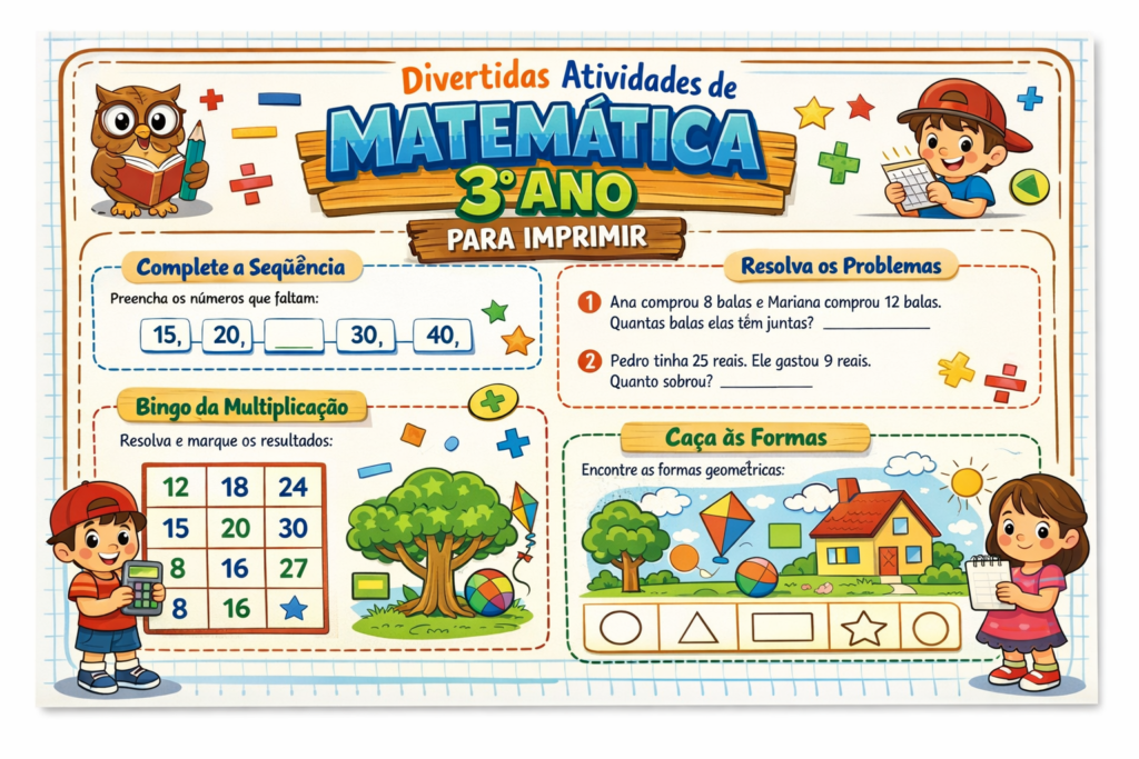 Divertidas atividades de matemática 3 ano para imprimir, com exercícios de sequência numérica, problemas e multiplicação.