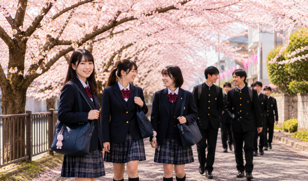Calendário escolar japonês: estudantes com uniformes caminham sob cerejeiras (sakuras) em flor no início do ano letivo, enquanto uma aluna olha discretamente para a câmera.