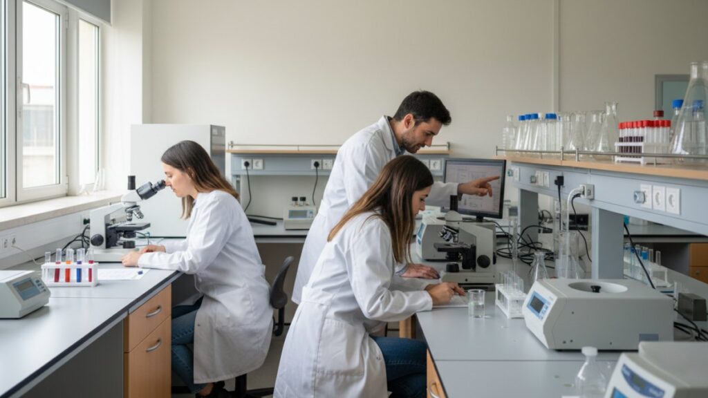 Estudantes universitários ilustrando quanto tempo dura a faculdade de análises clínicas