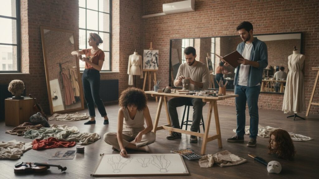 Estudantes universitários ilustrando quanto tempo dura a faculdade de artes cênicas