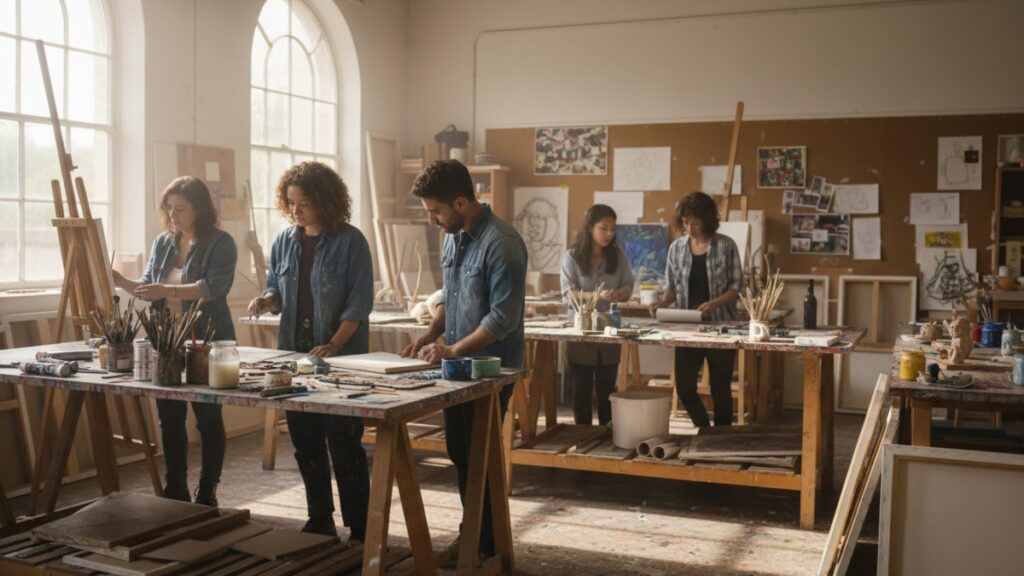Estudantes universitários ilustrando quanto tempo dura a faculdade de artes visuais