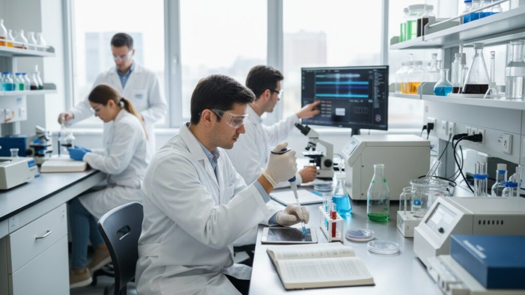 Estudantes universitários ilustrando quanto tempo dura a faculdade de biotecnologia