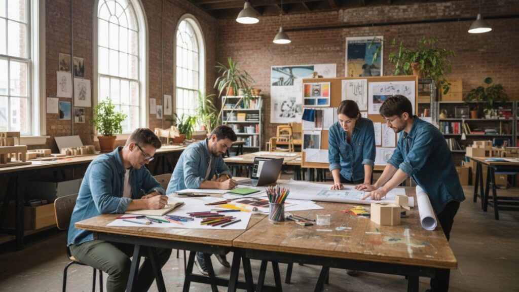 Estudantes universitários ilustrando quanto tempo dura a faculdade de design